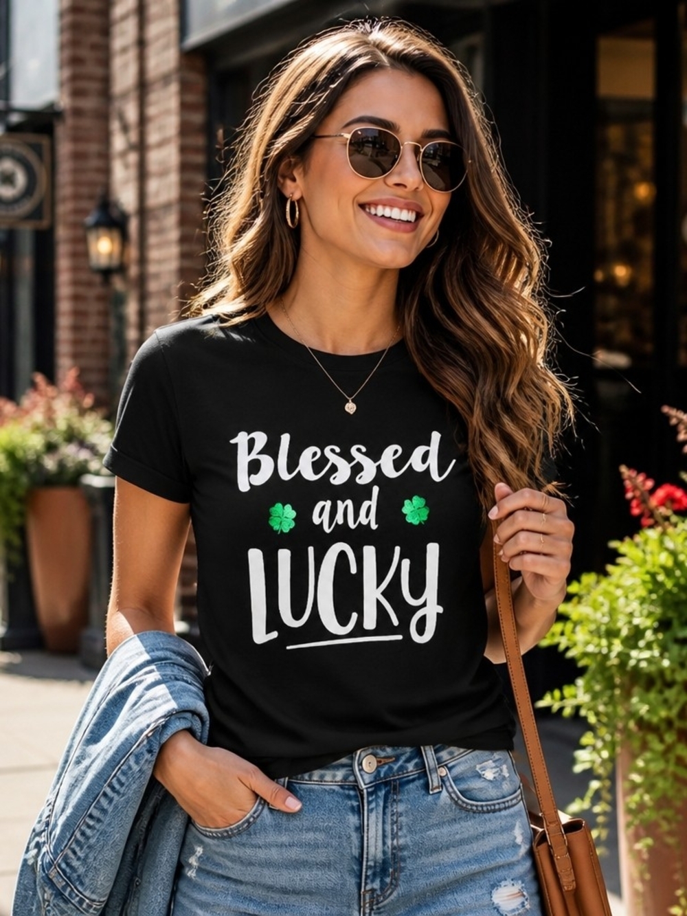 Celebrate It Black Tee with White 'Blessed and Lucky' Script and Green Shamrocks
